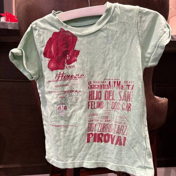 Unique Mint Green Graphic T-Shirt with Rose & Text- Lucky Brand - Picture 1 of 2
